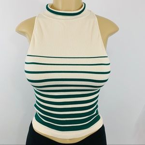 Free People Ivory Green Striped Ribbed Tank Size M